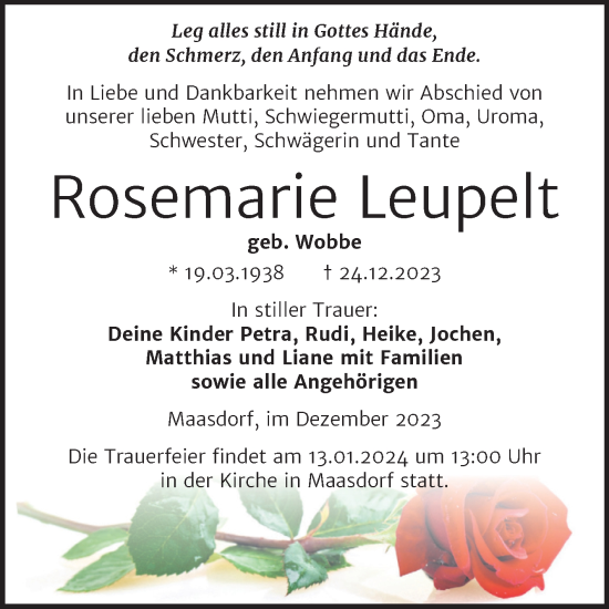 Traueranzeige von Rosemarie Leupelt von Trauerkombi Köthen