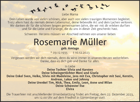 Traueranzeige von Rosemarie Müller von Trauerkombi Quedlinburg