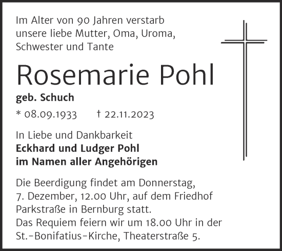 Traueranzeige von Rosemarie Pohl von Trauerkombi Bernburg