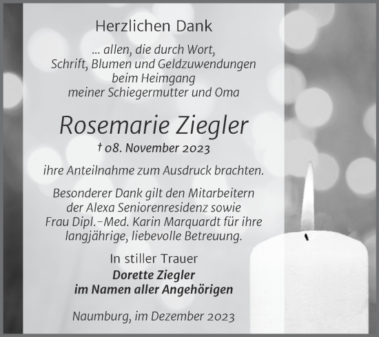 Traueranzeige von Rosemarie Ziegler von Wochenspiegel Naumburg/Nebra