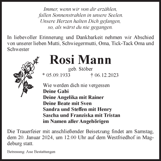Traueranzeige von Rosi Mann von Volksstimme Oschersleben/Wanzleben