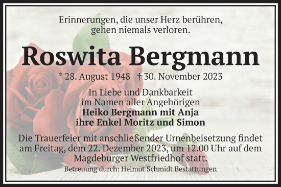 Traueranzeige von Roswita Bergmann von Volksstimme Magdeburg