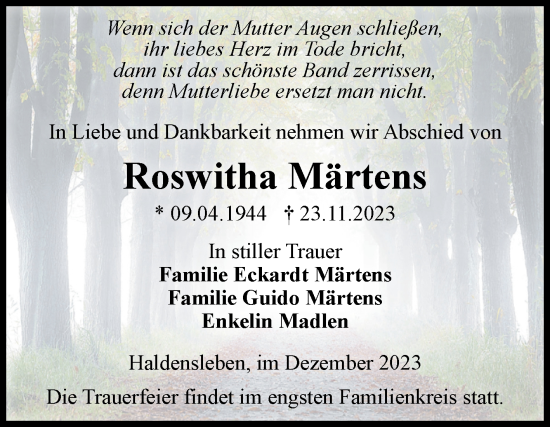 Traueranzeige von Roswitha Märtens von Volksstimme Haldensleben/Wolmirstedt
