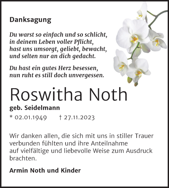 Traueranzeige von Roswitha Noth von Wochenspiegel Naumburg/Nebra