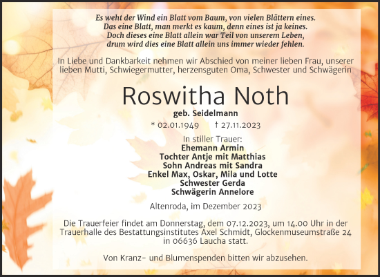 Traueranzeige von Roswitha Noth von Naumburger Tageblatt
