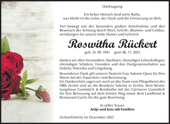 Traueranzeige von Roswitha Rückert von Volksstimme Zerbst