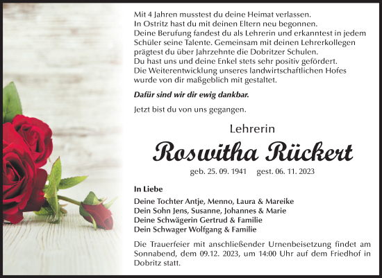 Traueranzeige von Roswitha Rückert von Volksstimme Zerbst