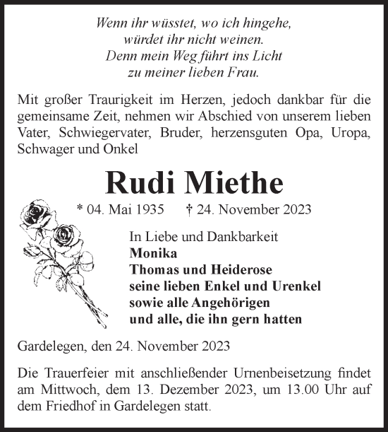 Traueranzeige von Rudi Miethe von Volksstimme Altmark West