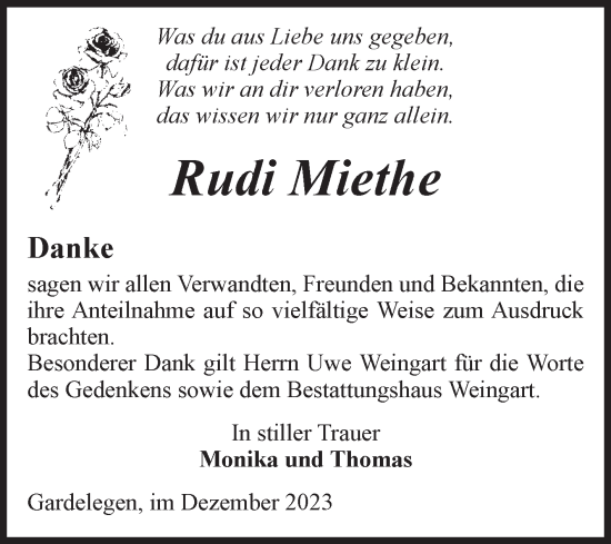 Traueranzeige von Rudi Miethe von Volksstimme Altmark West