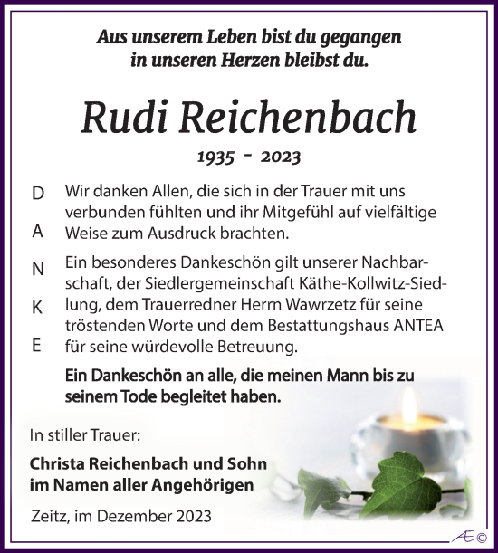 Traueranzeige von Rudi Reichenbach von Trauerkombi Zeitz