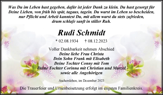 Traueranzeige von Rudi Schmidt von Trauerkombi Aschersleben