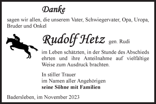 Traueranzeige von Rudolf Hetz von Volksstimme Halberstadt