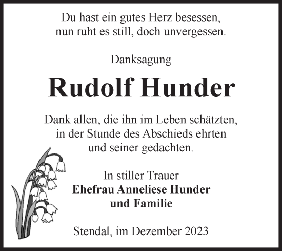 Traueranzeige von Rudolf Hunder von Volksstimme Altmark Ost