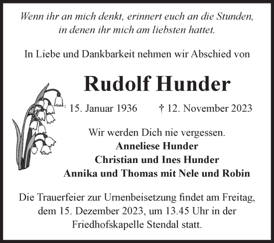 Traueranzeige von Rudolf Hunder von Volksstimme Altmark Ost