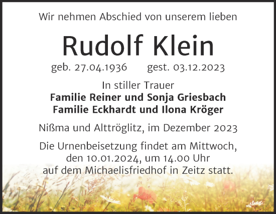 Traueranzeige von Rudolf Klein von Trauerkombi Zeitz