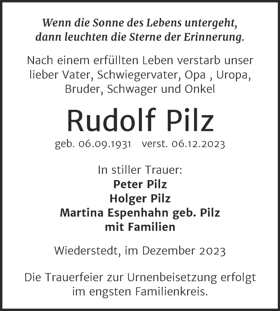  Traueranzeige für Rudolf Pilz vom 09.12.2023 aus Trauerkombi Mansfelder Land