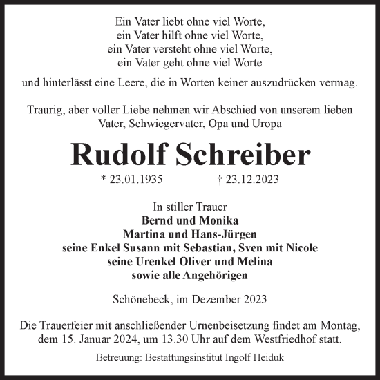 Traueranzeige von Rudolf Schreiber von Volksstimme Schönebeck