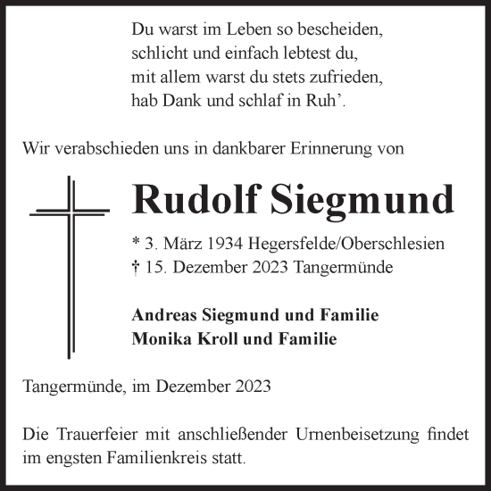 Traueranzeige von Rudolf Siegmund von Volksstimme Altmark Ost