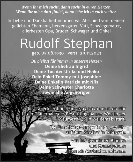 Traueranzeige von Rudolf Stephan von Trauerkombi Weißenfels