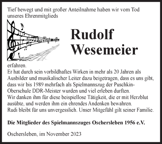 Traueranzeige von Rudolf Wesemeier von Volksstimme Oschersleben/Wanzleben