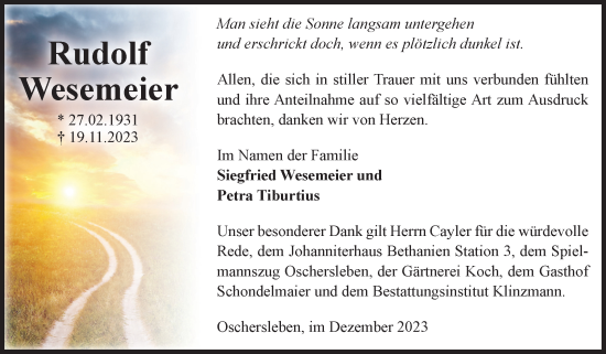 Traueranzeige von Rudolf Wesemeier von Volksstimme Oschersleben/Wanzleben