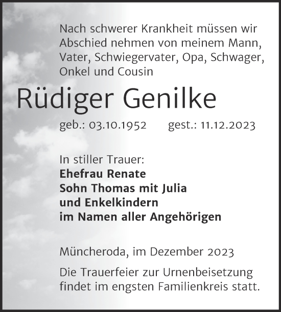 Traueranzeige von Rüdiger Genilke von Wochenspiegel Naumburg/Nebra