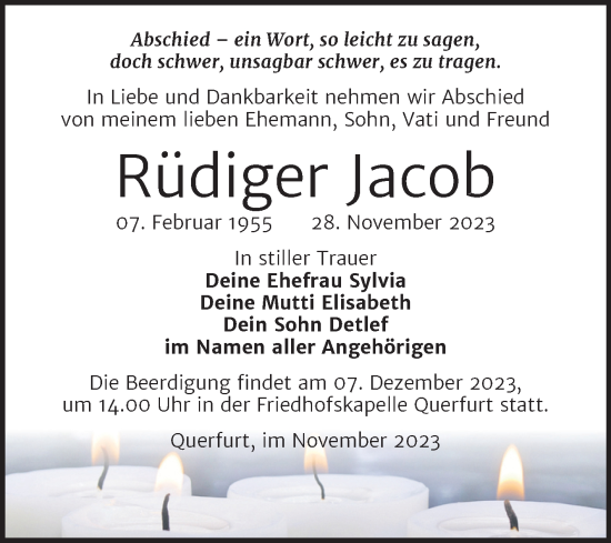 Traueranzeige von Rüdiger Jacob von Trauerkombi Merseburg