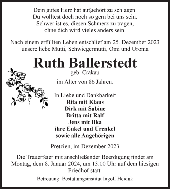 Traueranzeige von Ruth Ballerstedt von Volksstimme Schönebeck