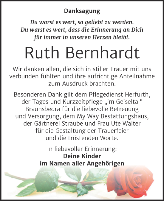 Traueranzeige von Ruth Bernhardt von Trauerkombi Merseburg