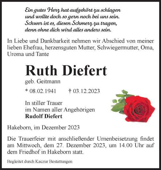 Traueranzeige von Ruth Diefert von Volksstimme Staßfurt