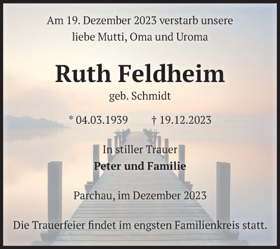 Traueranzeige von Ruth Feldheim von Volksstimme Schönebeck