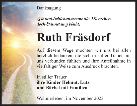 Traueranzeige von Ruth Fräsdorf von Volksstimme Staßfurt