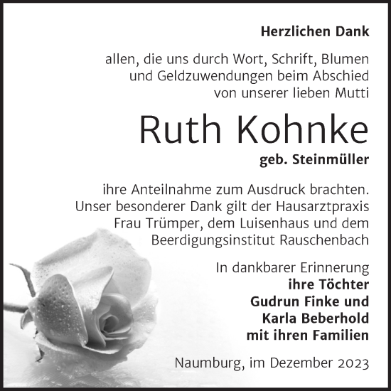 Traueranzeige von Ruth Kohnke von Wochenspiegel Naumburg/Nebra