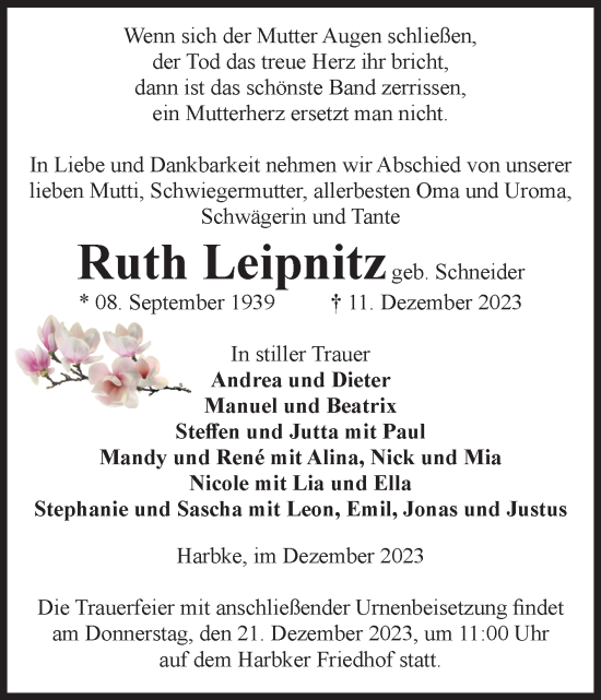 Traueranzeige von Ruth Leipnitz von Volksstimme Oschersleben/Wanzleben