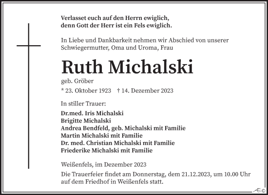 Traueranzeige von Ruth Michalski von Trauerkombi Weißenfels
