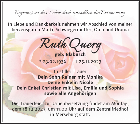 Traueranzeige von Ruth Querg von Trauerkombi Merseburg