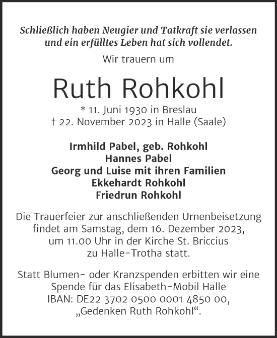 Traueranzeige von Ruth Rohkohl von Mitteldeutsche Zeitung Halle/Saalkreis