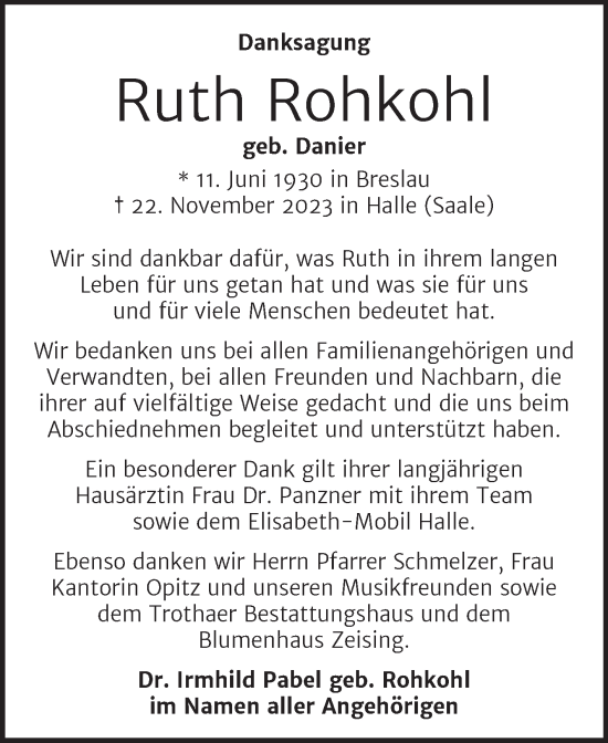 Traueranzeige von Ruth Rohkohl von Mitteldeutsche Zeitung Halle/Saalkreis