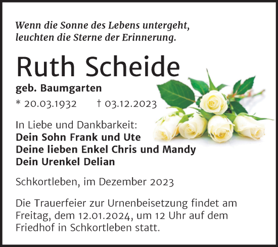 Traueranzeige von Ruth Scheide von Trauerkombi Weißenfels