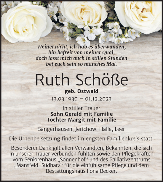 Traueranzeige von Ruth Schöße von Trauerkombi Sangerhausen