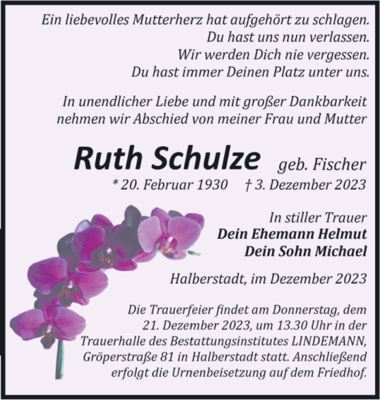 Traueranzeige von Ruth Schulze von Volksstimme Halberstadt