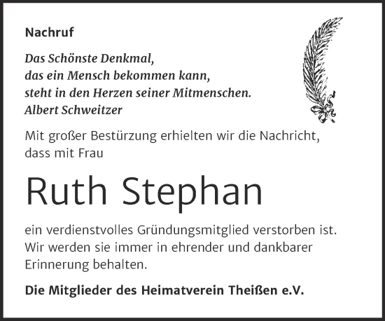 Traueranzeige von Ruth Stephan von Trauerkombi Zeitz