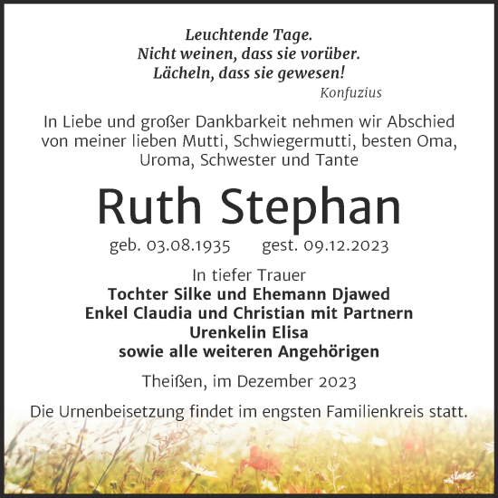Traueranzeige von Ruth Stephan von Trauerkombi Zeitz