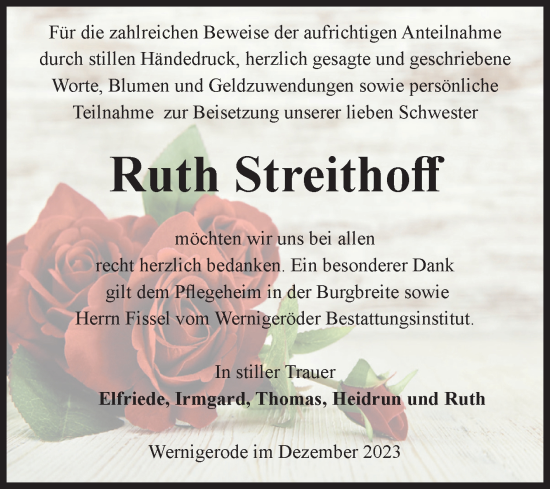 Traueranzeige von Ruth Streithoff von Volksstimme Wernigerode