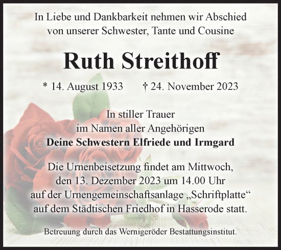 Traueranzeige von Ruth Streithoff von Volksstimme Wernigerode
