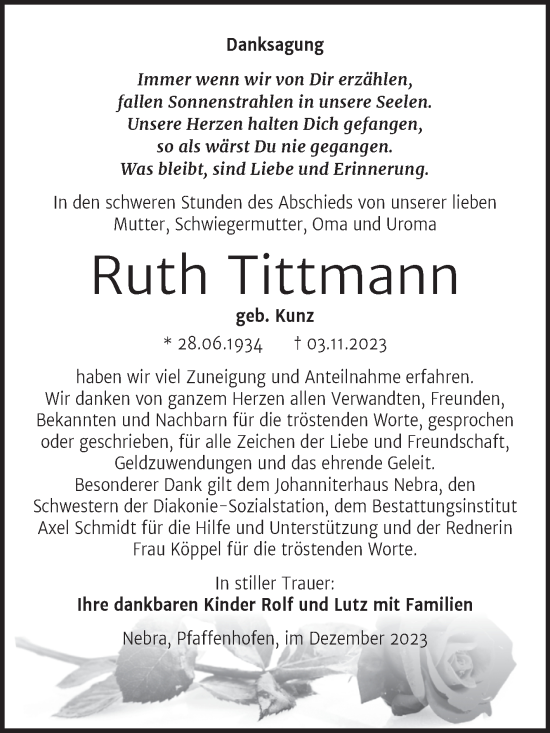 Traueranzeige von Ruth Tittmann von Wochenspiegel Naumburg/Nebra