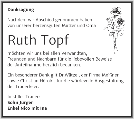 Traueranzeige von Ruth Topf von Trauerkombi Sangerhausen
