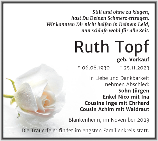 Traueranzeige von Ruth Topf von Trauerkombi Sangerhausen
