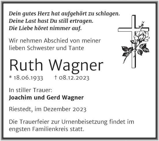 Traueranzeige von Ruth Wagner von Trauerkombi Sangerhausen