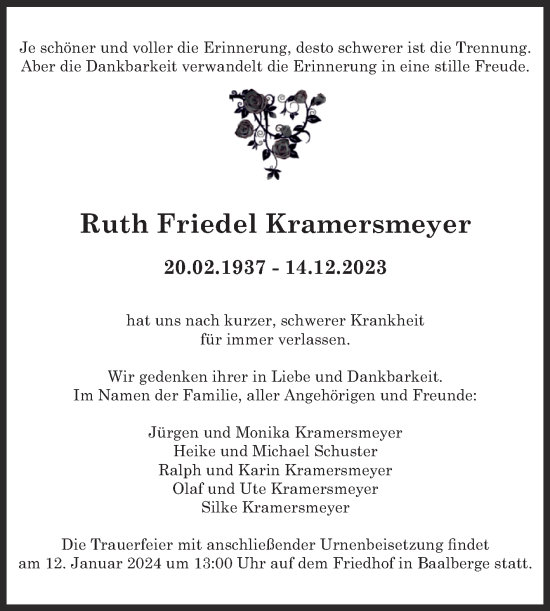 Traueranzeige von Ruth Friedel Kramersmeyer von Trauerkombi Bernburg